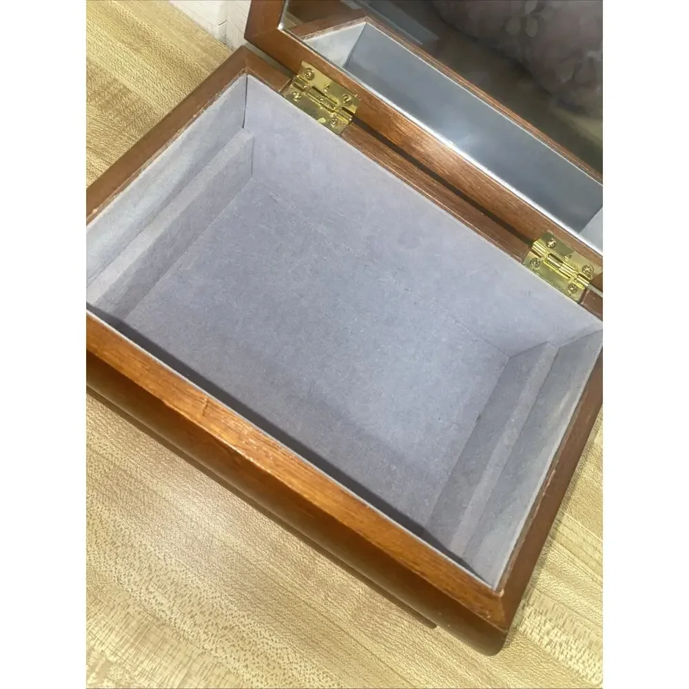 Vintage Jewelry Box Wood with Floral Tapestry Inlaid Top Mirrored Velvet Inside